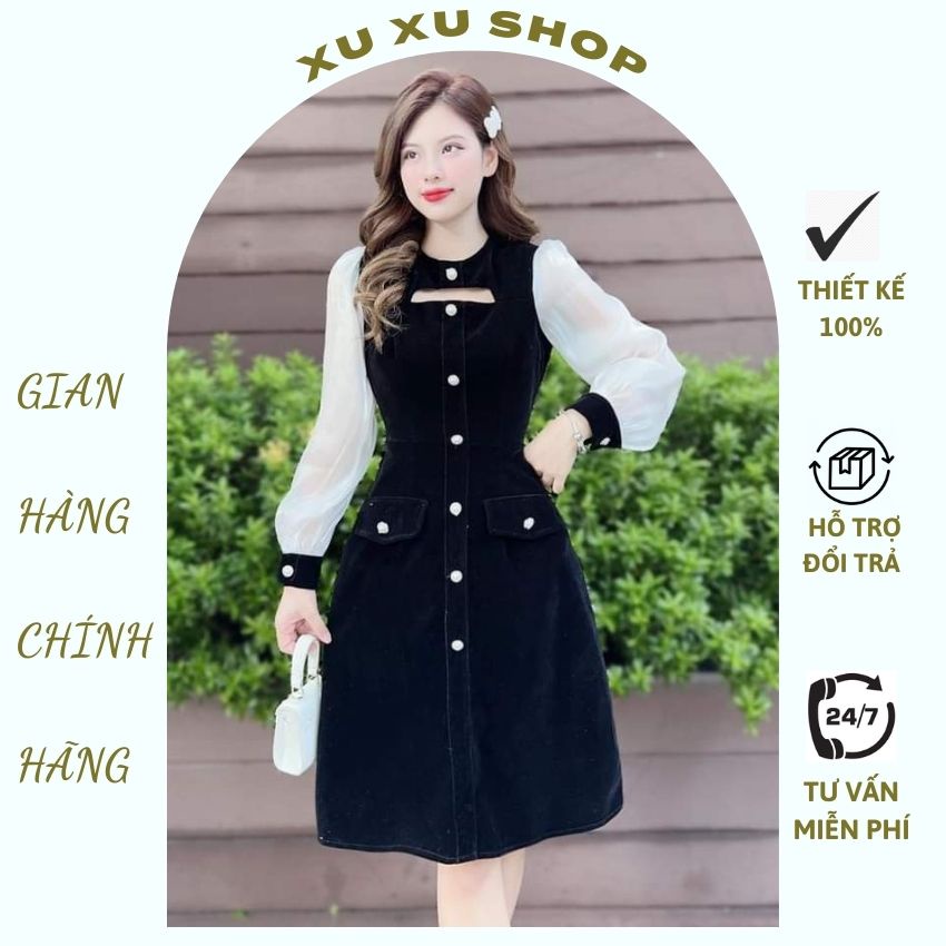 Váy nhung nữ phối voan tay phong cách sang trọng - XU XU SHOP - Đầm thu đông thiết kế, chất mềm mại, phong cách công sở