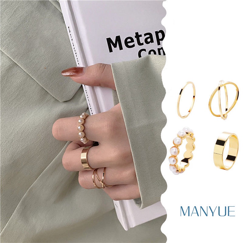 Bộ 4 chiếc nhẫn đính ngọc trai MANYUE thời trang cho nữ