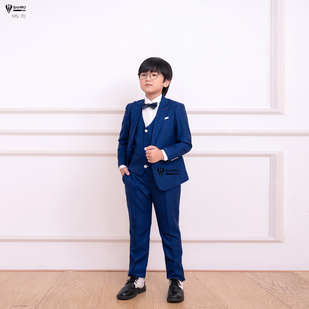 Bộ vest bé trai màu xanh kẻ ô vuông