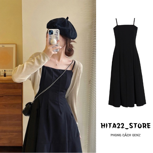 SET VÁY + CARDIGAN LỬNG váy đen xẻ tà hai dây mix khoác cardigan be phối màu siêu đỉnh phong cách Hàn HITA22_ST