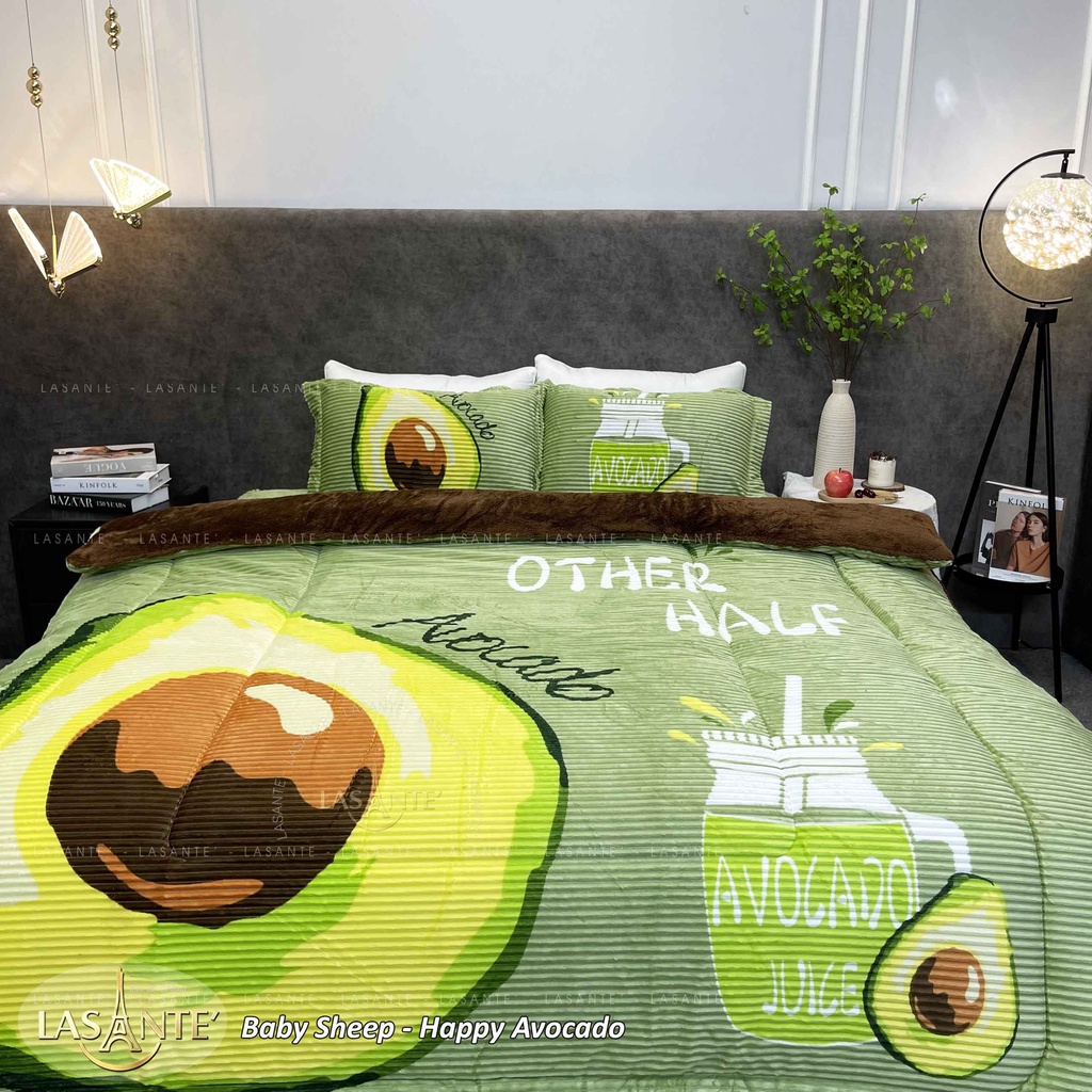 Bộ chăn ga gối lông cừu cao cấp Pháp LASANTE' Baby Sheep Avocado quả bơ xanh dày dặn chăn 2m x 2m3 3 lớp siêu ấm