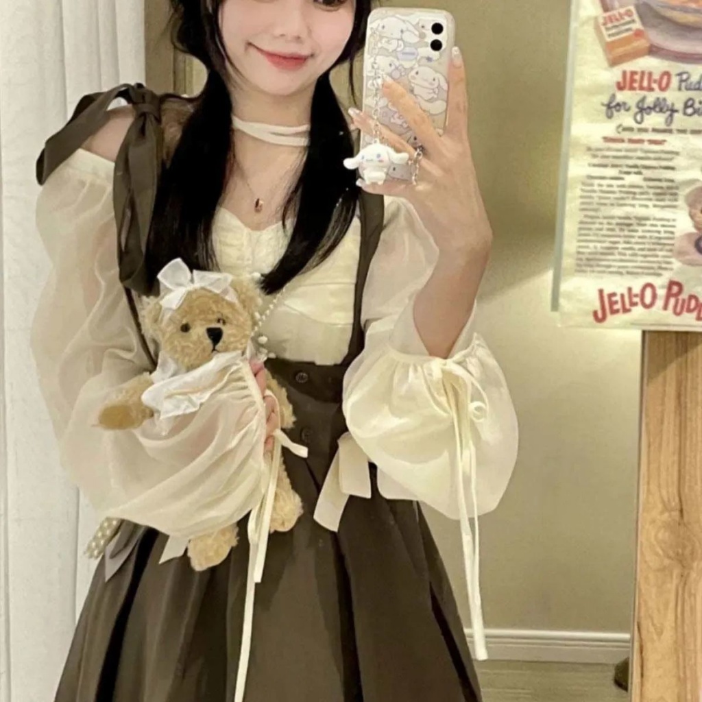 Set Áo Sơ Mi Tay Dài Phồng Thắt Nơ Cổ + Chân Váy Ngắn Thời Trang Dành Cho Nữ