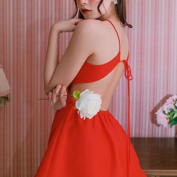 Đầm xoè SheByShj cổ yếm màu đỏ - Leena Dress