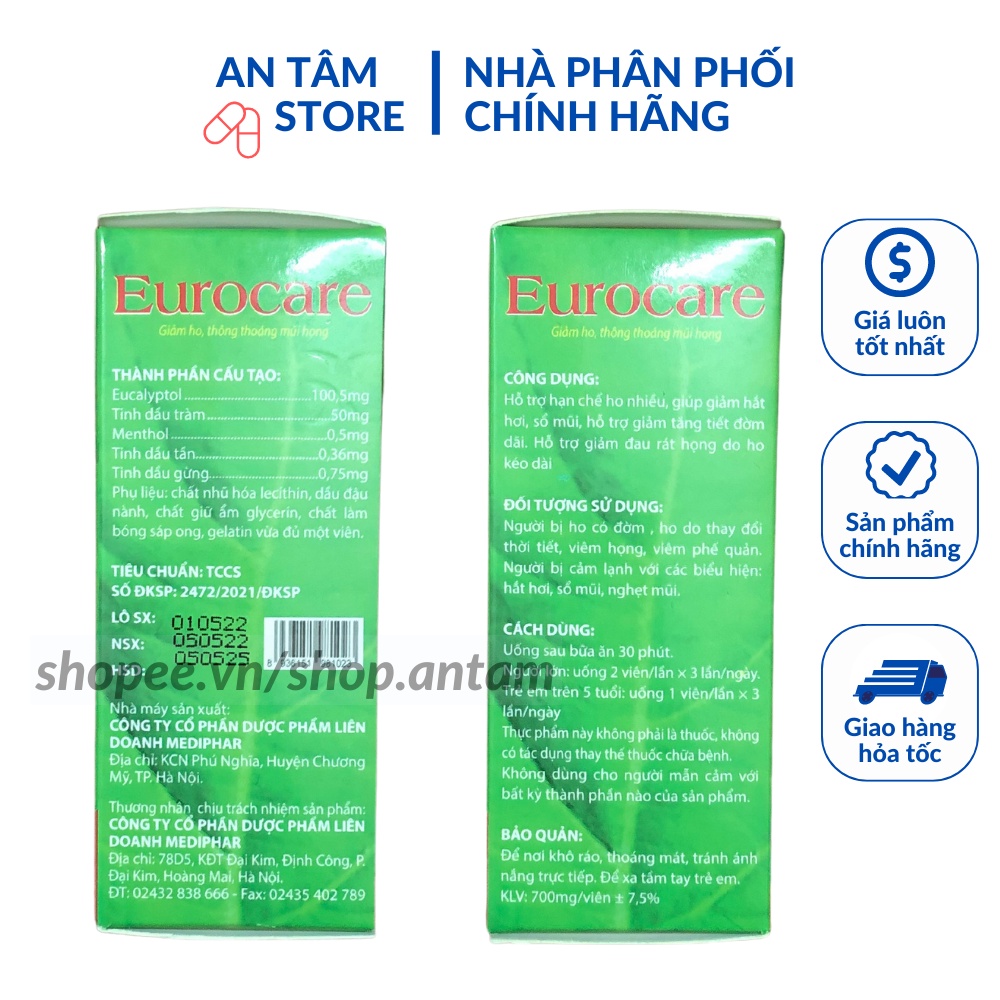 Viên uống Eurocare  Giảm ho, thông thoáng mủi họng.