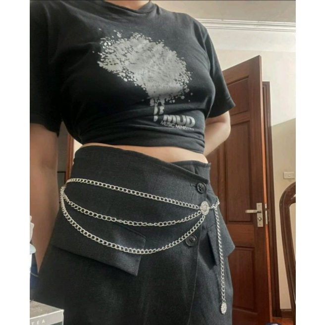 Thắt lưng thời trang kim loại phối váy, thắt lưng xích đồng xu, dây nịt kim loại vintage, retro