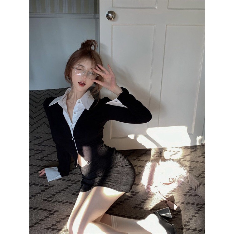 Áo Sơ Mi Dáng Ngắn Phối Hai Màu Đen Trắng Phong Cách Hàn Quốc Quyến Rũ