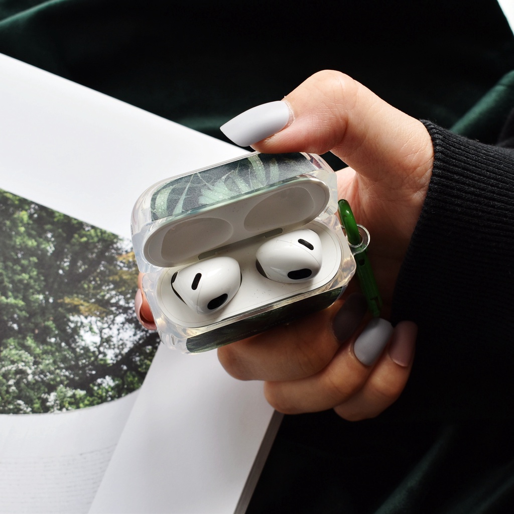 Vỏ Bảo Vệ Hộp Sạc Tai Nghe Bluetooth AirPods 1 2 gen3 Pro2 2022 Bằng TPU + PC Trong Suốt Họa Tiết Lá Xanh Nhỏ Xinh Kèm Móc Chống Rơi Tiện Dụng