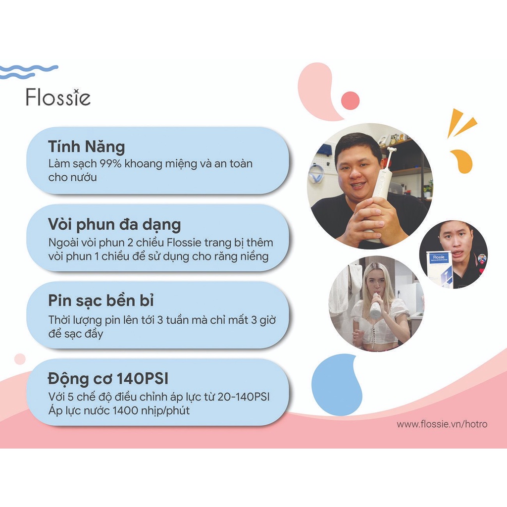 Combo máy tăm nước 360 độ Flossie và bộ kit làm trắng răng Smilee Extra