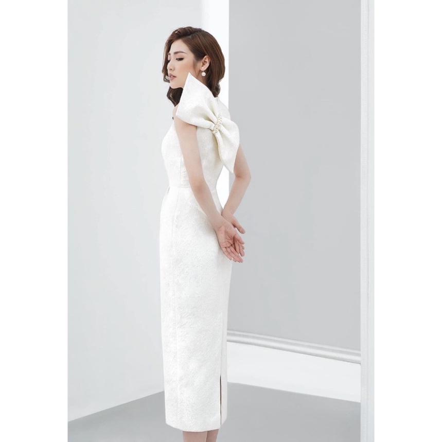 Đầm gấm ôm body sát nách nơ lưng đính ngọc (HÀNG CAO CẤP ĐẸP Y HÌNH) kèm ảnh thật cao cấp dạ hội dự tiệc đám