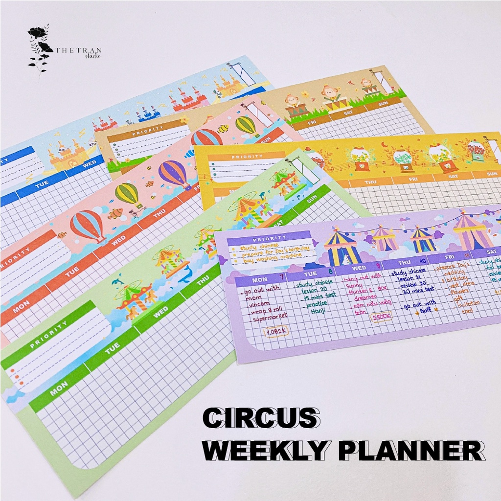 bộ 12 tờ giấy ghi chú kế hoạch tuần Half A5 chủ đề rạp xiếc / circus weekly planner / thetranstudio