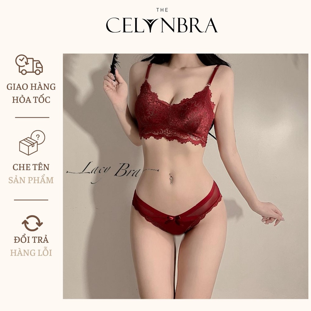 Bộ bra ren có mút ngực phối quần lót voan mỏng cạp chéo sexy THE CELYNBRA - B15