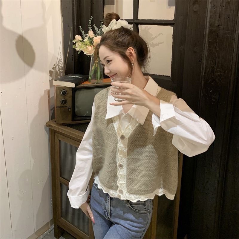 Set Áo Sơ Mi + Áo Khoác Ghi Lê Cổ Chữ V Thời Trang Mùa Thu Phong Cách Pháp Mới Cho Nữ