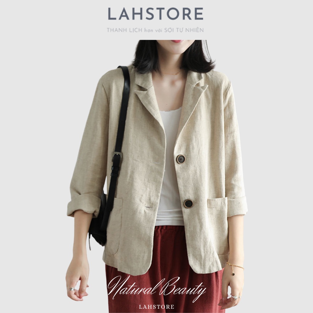 Áo blazer nữ LAHSTORE vải linen thô cao cấp. Hàng 1 lớp, 2 túi, 2 cúc BNU01 (Đen, Nâu, Trắng Kem, Xanh Rêu)