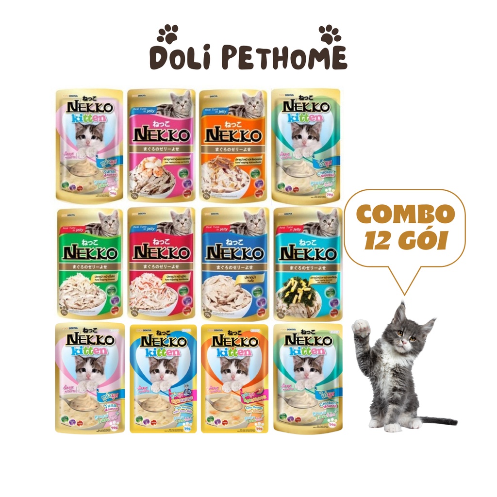 Combo 12 Gói Pate cho mèo Nekko, 70 Gram/Gói, Cho mèo con và Mèo trưởng thành [Doli Pethome]