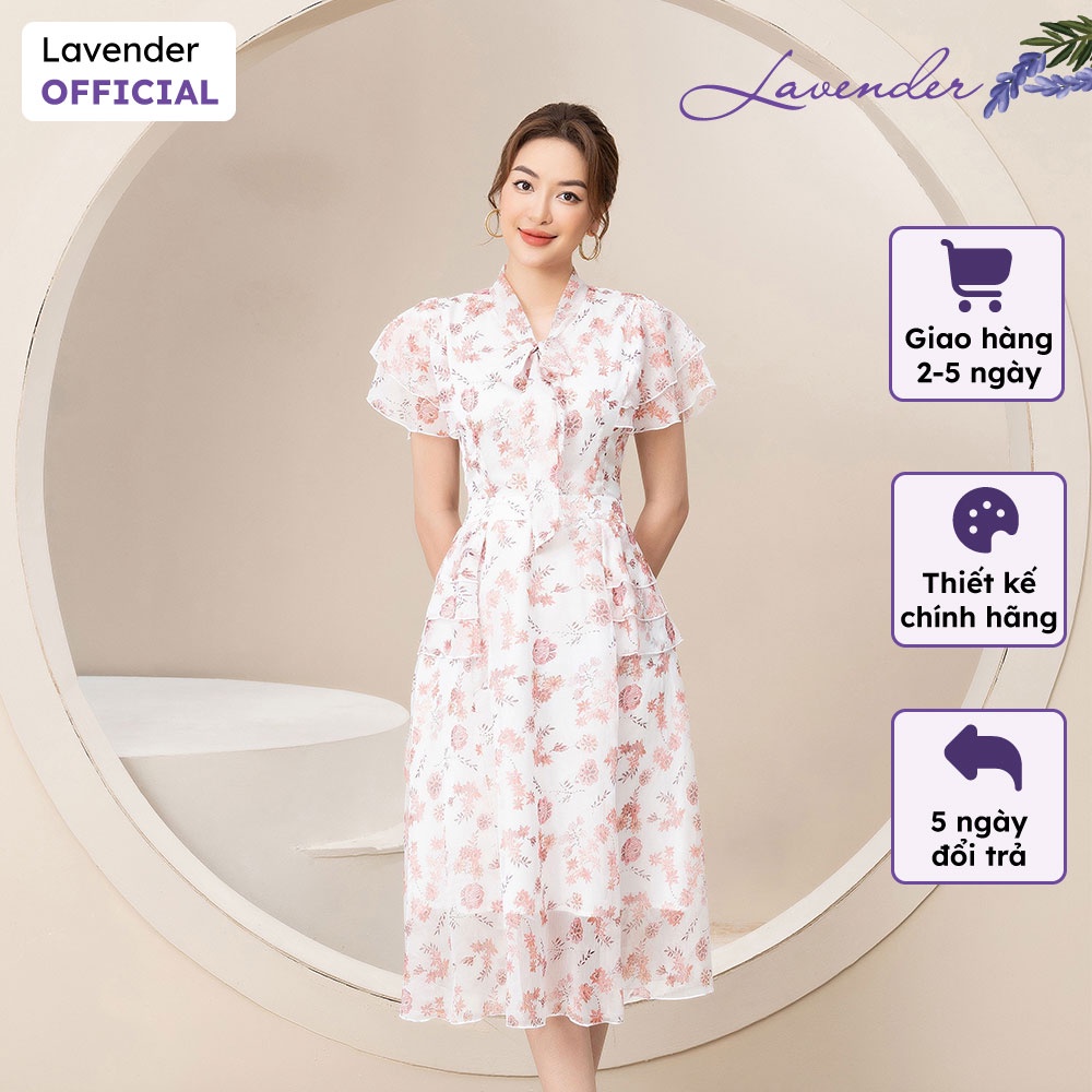 Đầm công sở thiết kế LAVENDER vải hoa dáng xòe cổ nơ tay ngắn D2430