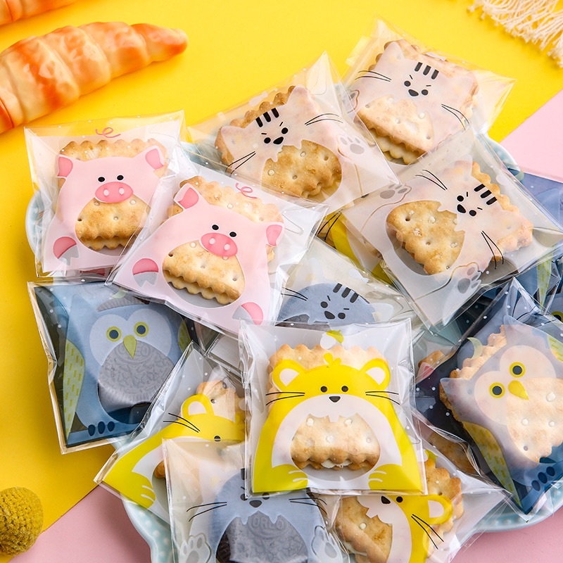 Set 100 túi kích thước 7x7 cm Túi đựng bánh cookie / bánh quy / trà hoa hoạ tiết hoạt hình đáng yêu Tiệm Ốc Sột-PK012