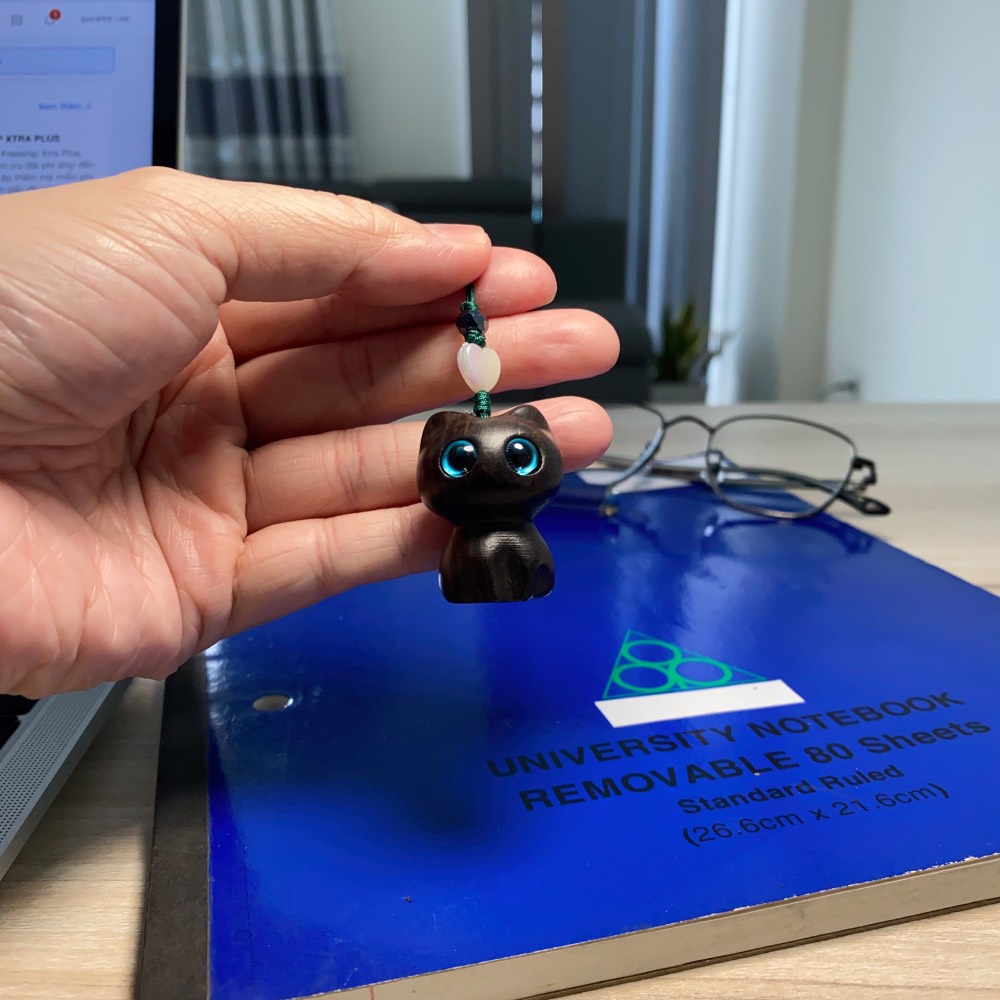 Dây đeo mèo gỗ mun, quà tặng, đeo giỏ xách, làm móc khoá dễ thương.