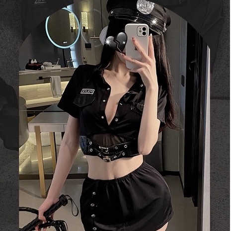[CÓ MŨ + GĂNG] Cosplay nữ cảnh sát phối da và lưới sexy - bộ đồ ngủ hóa trang Police gợi cảm | BigBuy360 - bigbuy360.vn