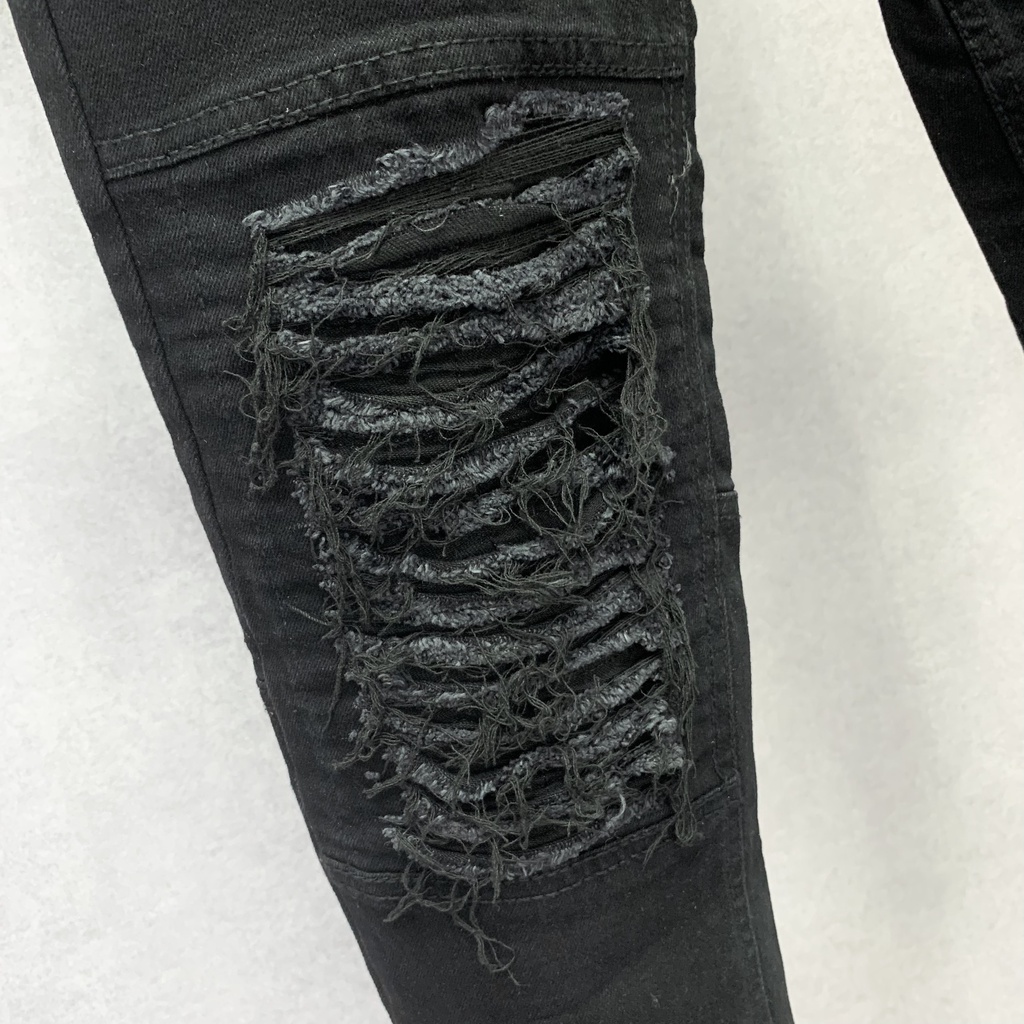 Quần jean bò đen nam slimfit gối rách vá vải nhăn bất đối xứng khoá zip ống chân phong cách streetwear QJ30P | BigBuy360 - bigbuy360.vn