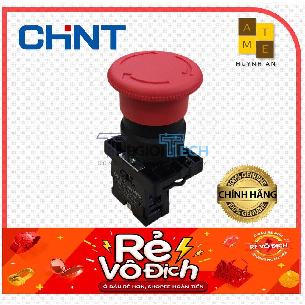 Nút nhấn khẩn đầu nấm phi 40mm, màu đỏ có sẵn tiếp điểm 1 NC, NP2-ES Hãng Chint (Hàng Xuất Khẩu EU) - Nút nhấn khẩn 40mm