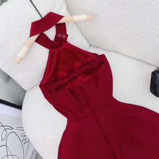 ĐẦM MIDI ĐỎ CỔ YẾM ĐÍNH NÚT TÀ XẺ