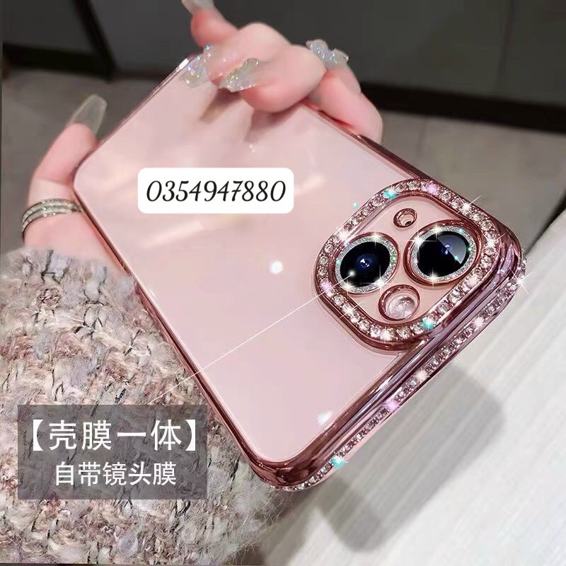 Ốp lưng Meruyi viền màu đính đá camera gắn nhũ cho iPhone 14 Pro Max, 14 Pro, 14 Plus, 13 Pro max lưng trong suốt