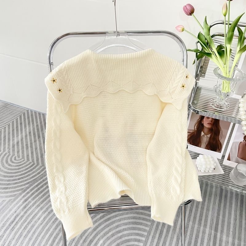 Áo Khoác Cardigan Dệt Kim Đính Nút Ngọc Trai Cổ Búp Bê Thêu Hoa Thời Trang Thu Đông Phong Cách Pháp Cổ Điển Mới