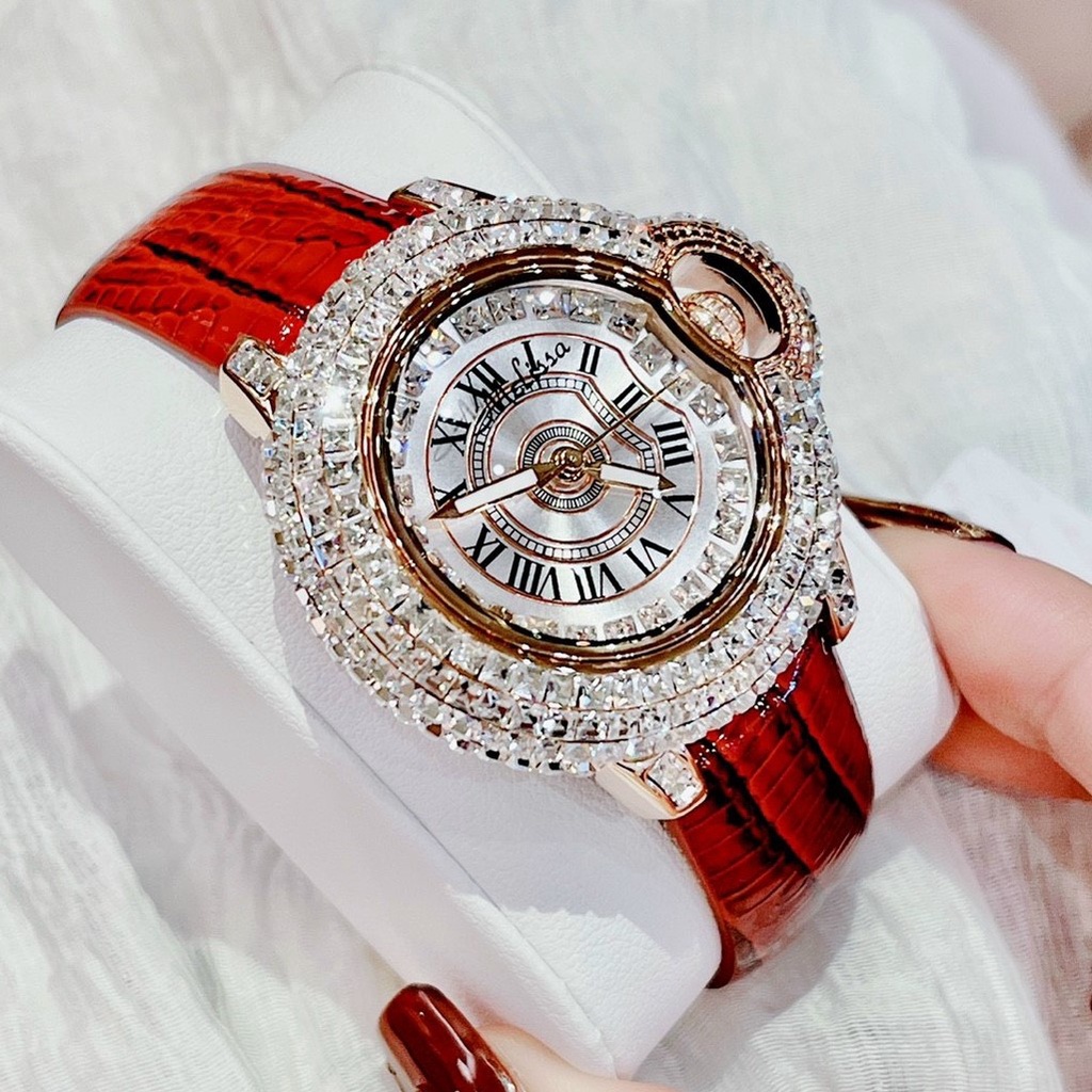 Đồng Hồ Nữ Melissa F1819 Đính Đá Khối Dây Da Đỏ Rose Gold 36mm