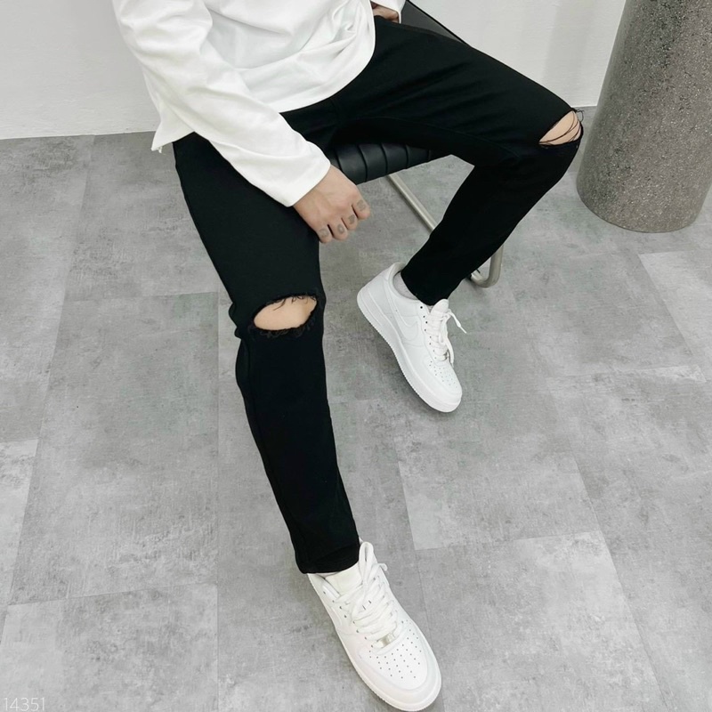 Quần jean nam đen rách gối chất bò cao cấp co dãn 4 chiều