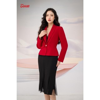 Vest đỏ tuypsi, cổ ve bầu, cúc cài đính nơ lá thủ công Toson 84979D82