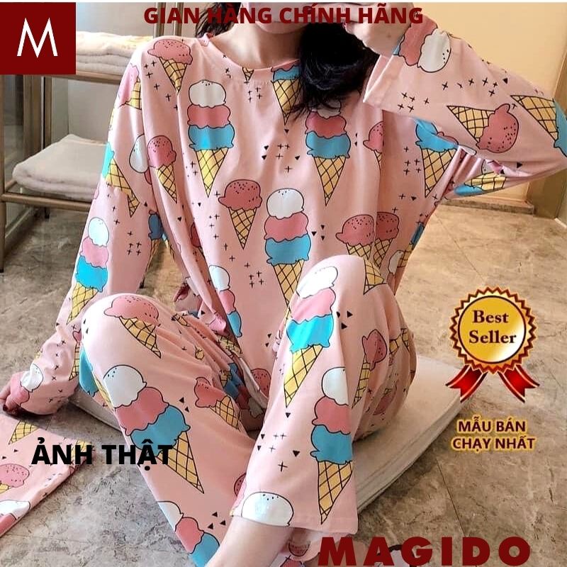 Bộ ngủ nữ pijama dài tay chất thun cotton họa tiết hoạt hình hot, Đồ ngủ nữ thu đông cute nhiều màu siêu xinh - MAGIDO