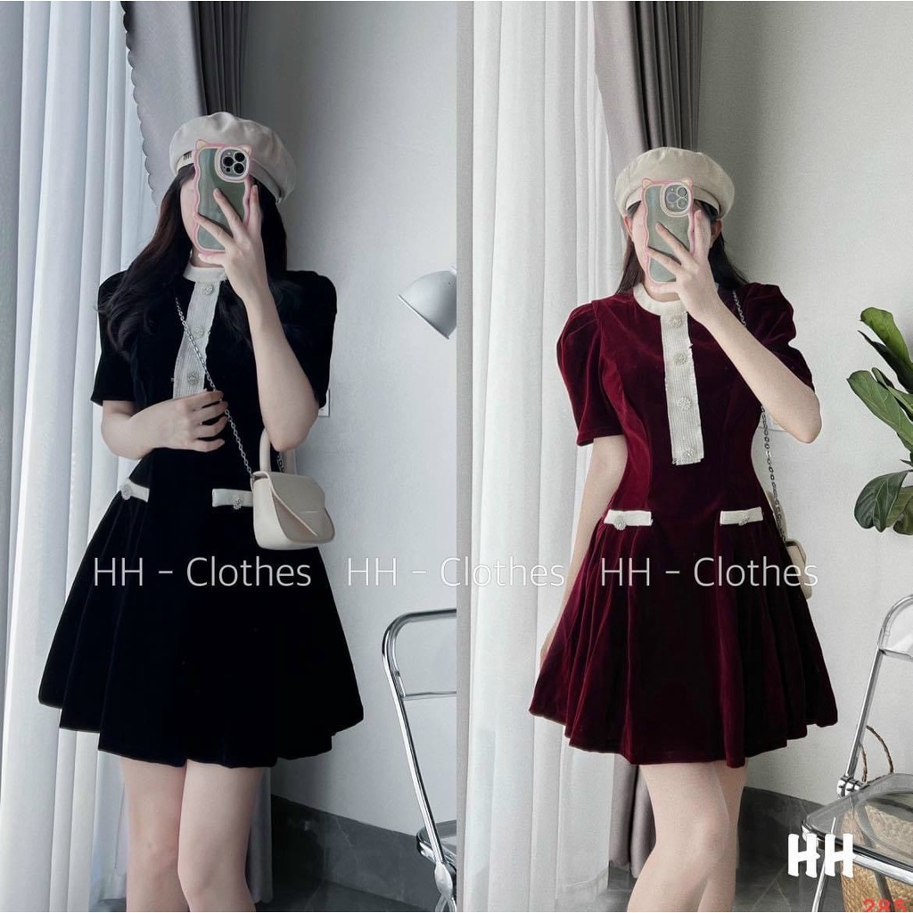 B631- VÁY NHUNG CỔ TÀU VIỀN CÚC HOA