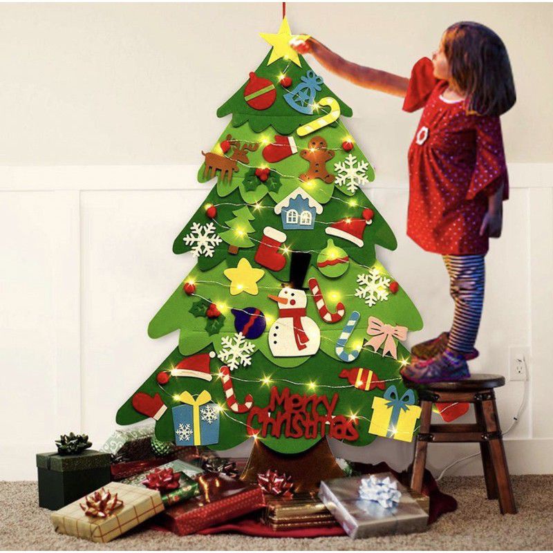 (Tặng đèn Led) Cây thông Noel treo tường bằng vải dạ vải nỉ tặng kèm phụ kiện trang trí Giáng sinh và Đèn led