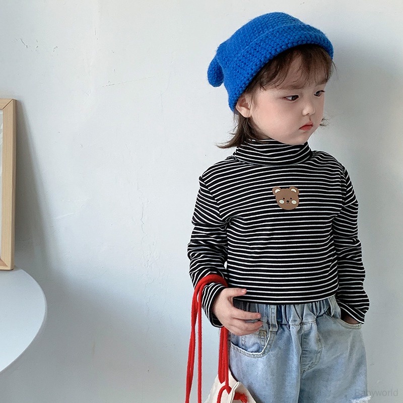 Áo Thun Tay Dài Cổ Lọ Vải Lông Thêu Hình Gấu Hoạt Hình Phong Cách Hàn Quốc Dành Cho Bé Gái