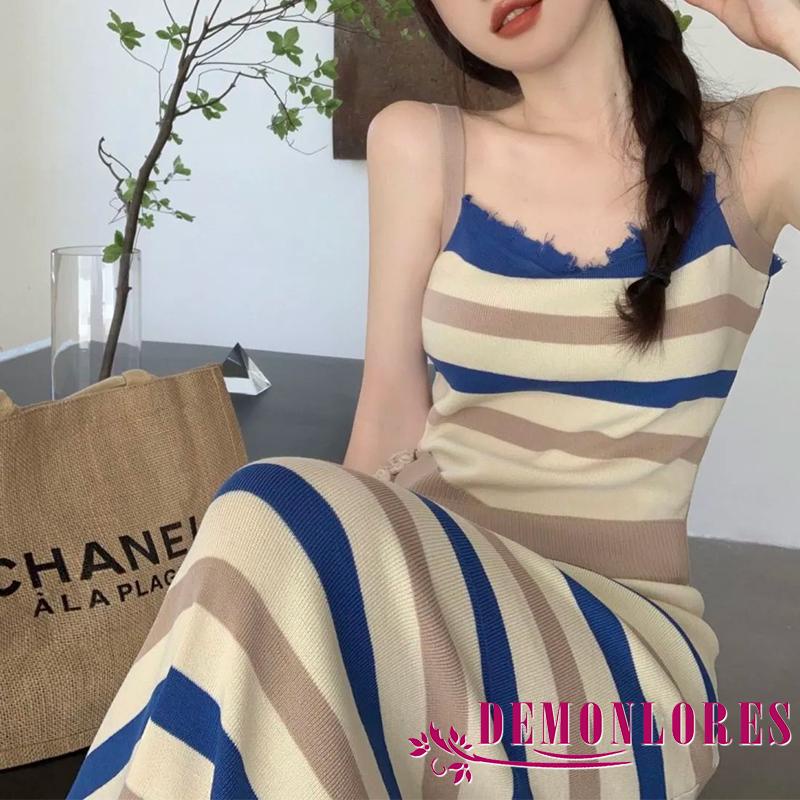 Đầm Dài Dệt Kim Không Tay Họa Tiết Kẻ Sọc Thời Trang Mùa Hè Dành Cho Nữ