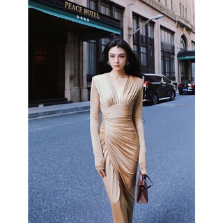 Váy đôn vai cổ v nhún ly dài tay eclipse clothing