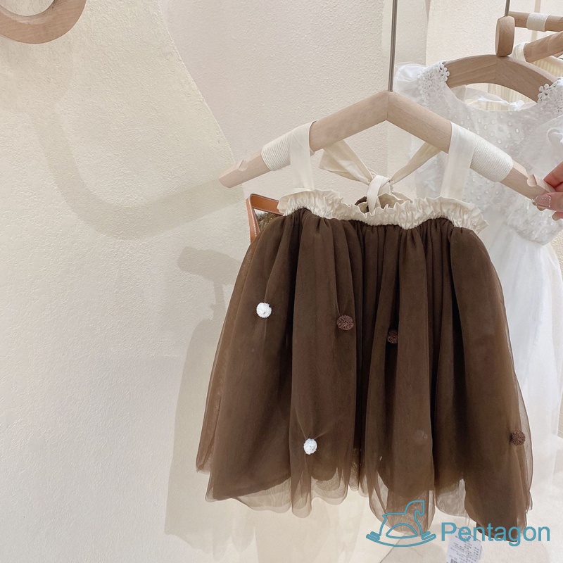 Đầm Lưới Công Chúa Hai Dây Thắt Nơ Lưng Màu Trơn Thời Trang Mùa Hè Cho Bé Gái