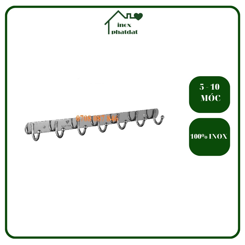 Móc treo đồ nhà tắm 100% Inox đặc PHÁT ĐẠT (từ 6-10 móc) không rỉ sét, Móc áo đầu bí inox, giá treo inox (SP012)