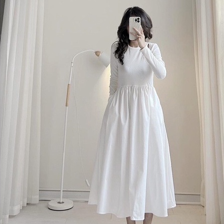 Váy xòe dáng dài, đầm nữ dài tay khoét vai midi trơn basic hàn quốc dài qua gối freesize hàn quốc Ylydress C1232