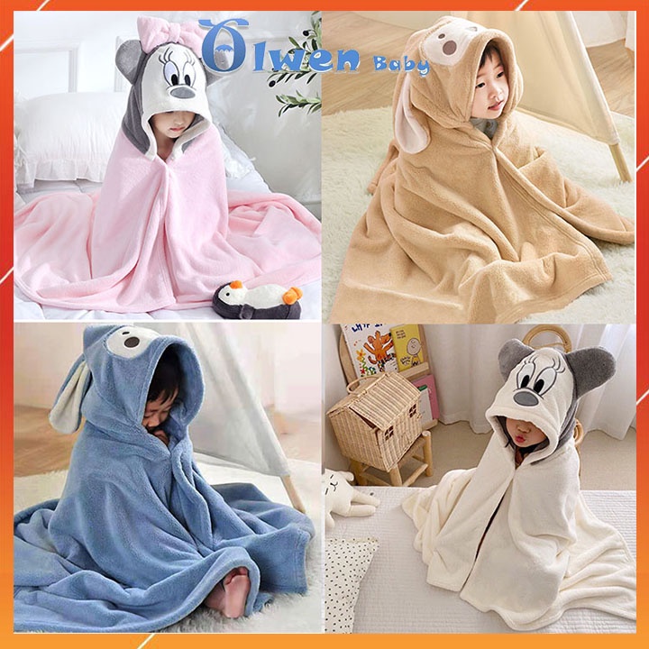 Khăn tắm áo choàng tắm cho bé có mũ vải bông san hô 70x140 cm hình thú chăn ủ bé sơ sinh dùng ra ngoài, đi biển