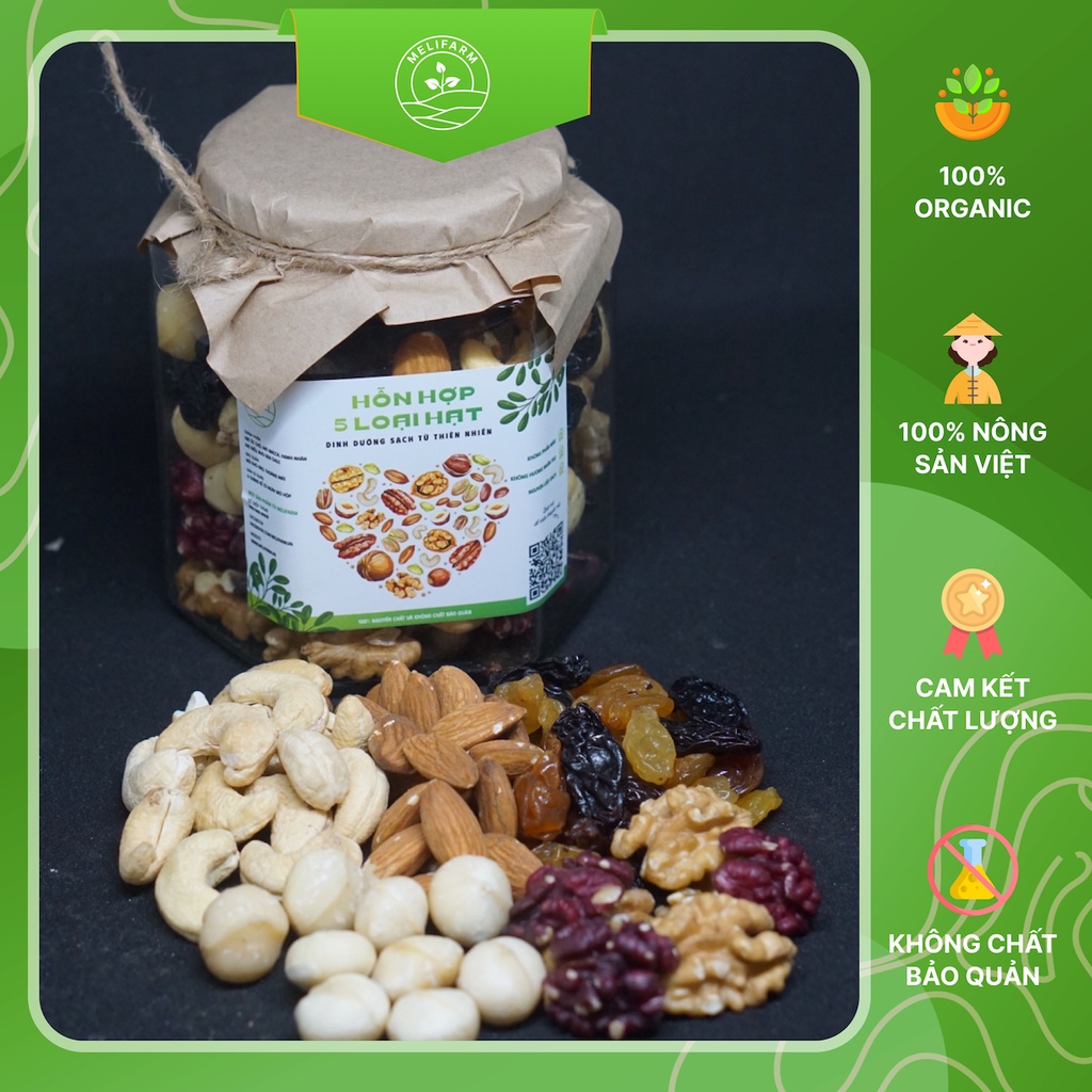 Hũ hạt dinh dưỡng mix 5 loại hạt bổ dưỡng - MeliFarm Quả Óc Vàng + Đỏ, Mắc Ca, Hạnh Nhân, Điều, Nho đen Chile