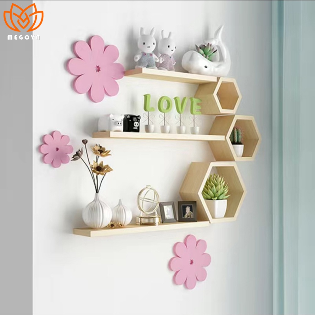 Bộ kệ gỗ treo tường bao gồm kệ lục giác, thanh ngang, chữ nhật, hình vuông, kệ trang trí phòng khách, phòng ngủ.
