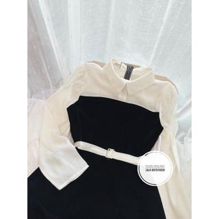 Đầm nhung đen đai lụa rời phối tay
