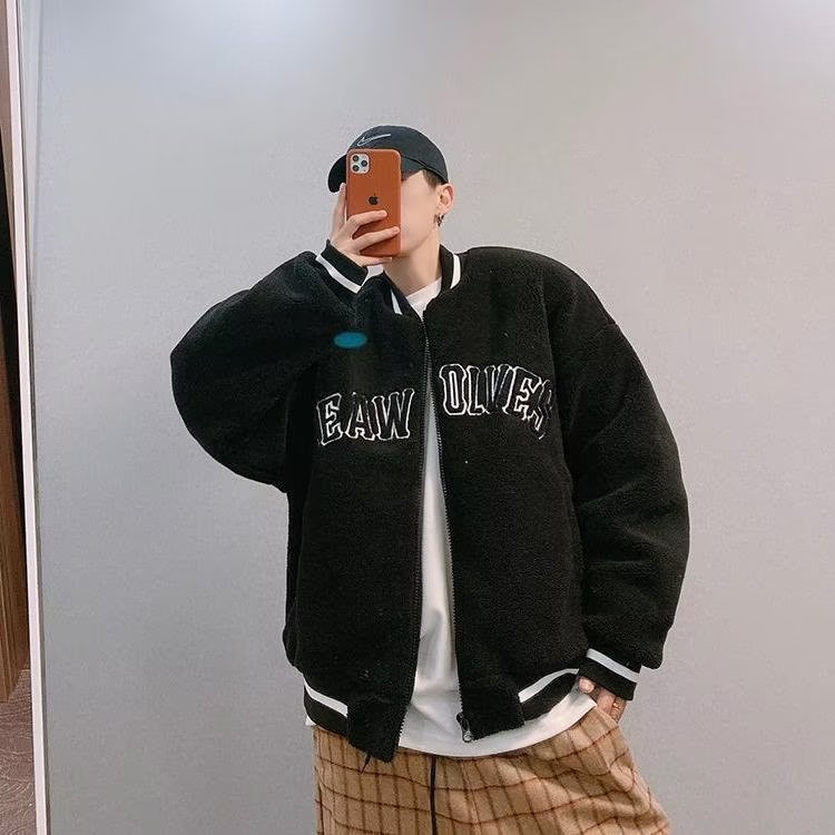 Áo Khoác Bóng Chày Bằng Len Lông Cừu Dáng Rộng Thời Trang Hàn Quốc
