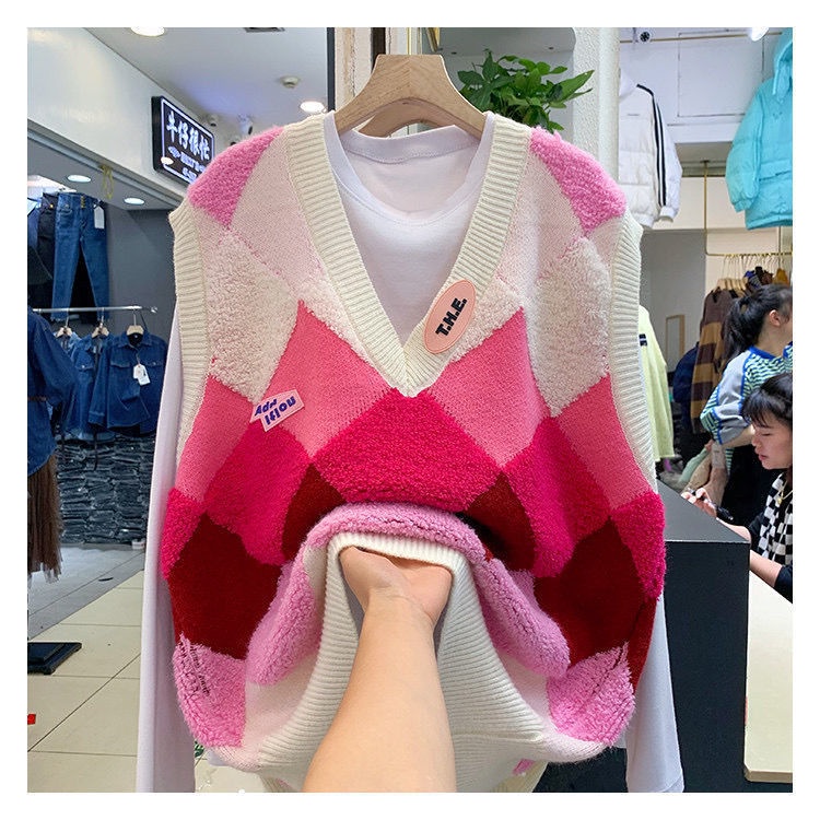 Áo Dệt Kim Sát Nách Dáng Rộng Họa Tiết Hình Thoi Thời Trang Hàn Quốc Cho Nữ