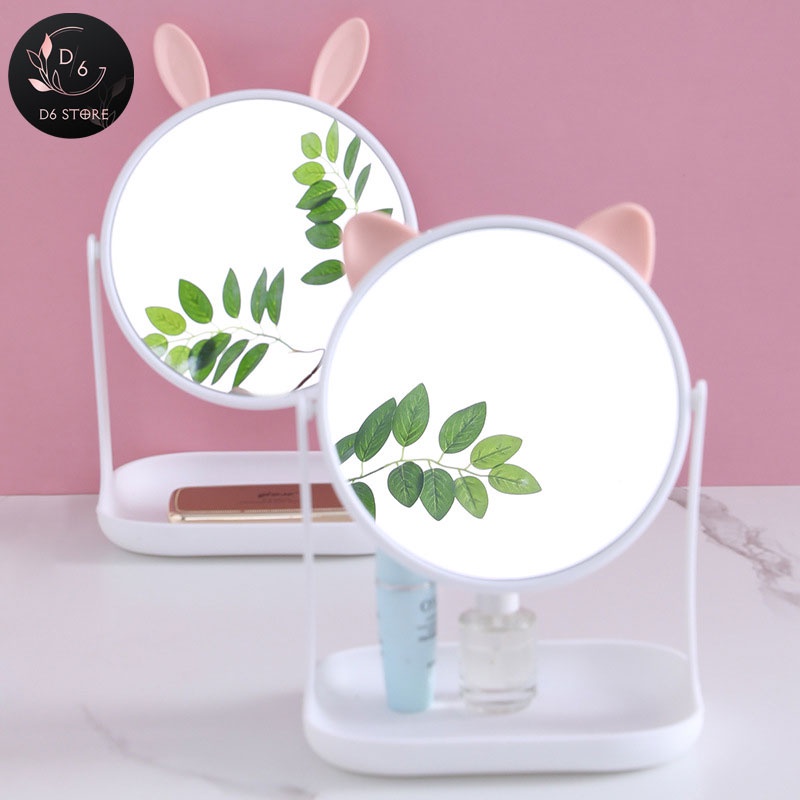 Gương Trang Điểm Để Bàn, Gương Soi xoay 360 độ, Gương Kèm Kệ Để Mỹ Phẩm, Có Tai Mèo Dễ Thương, D6 Store