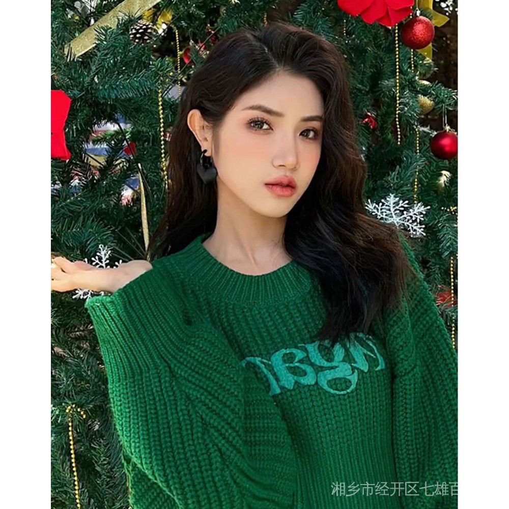 Áo Sweater Dệt Kim Cổ Tròn Dáng Rộng Thêu Chữ Phong Cách Giáng Sinh Thời Trang Thu Đông Hàn Quốc Cho Nữ