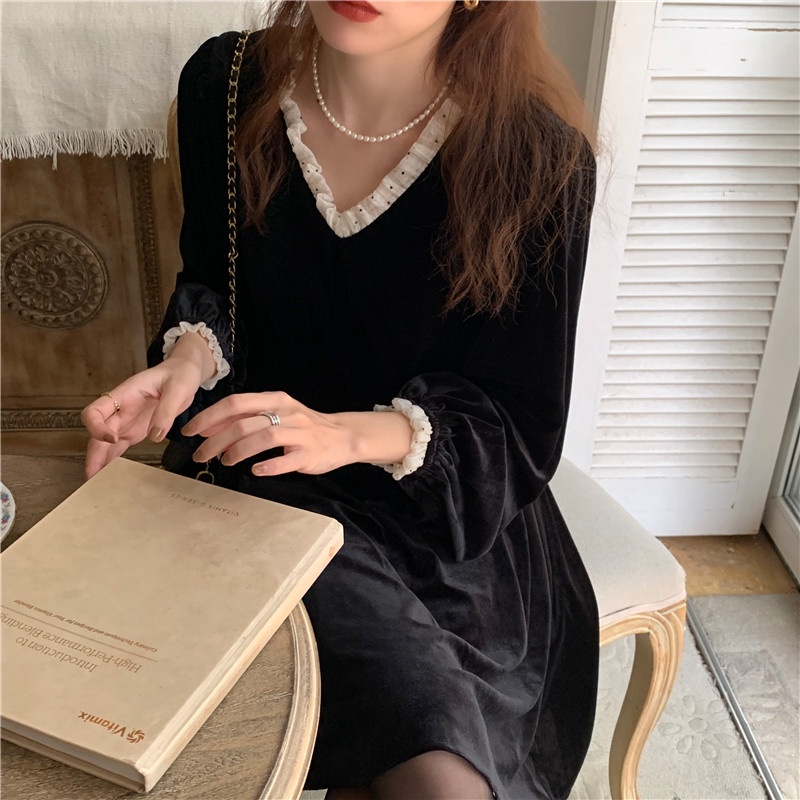 Đầm nhung SUXI màu đen dáng chữ A lưng cao cổ chữ V phong cách Hàn Quốc thời trang mùa thu