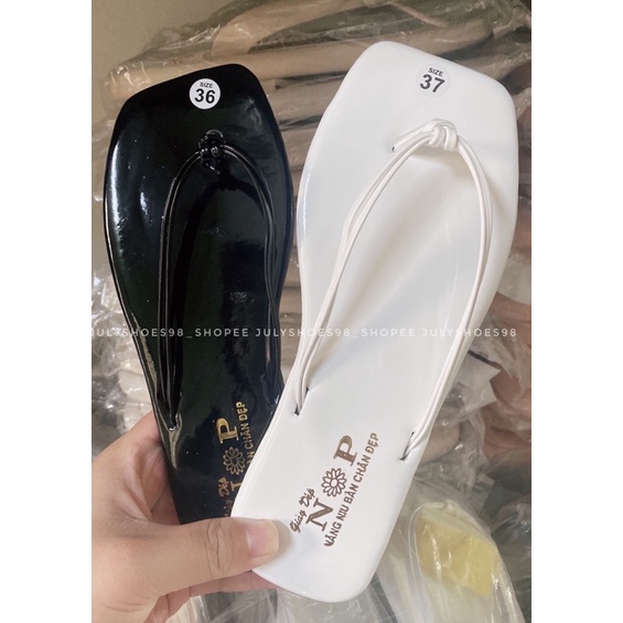 Dép nữ xỏ ngón mẫu kẹp da bóng quai mảnh mũi vuông