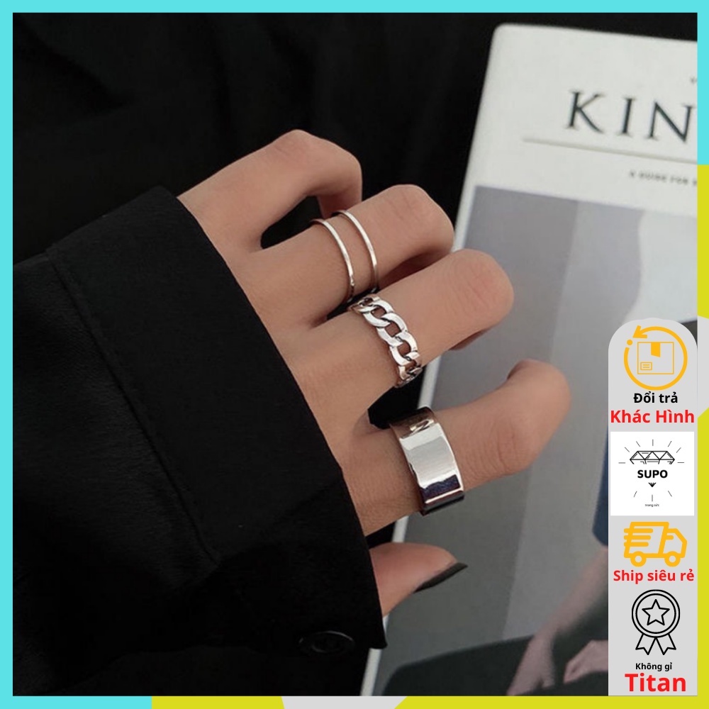 Bộ 3 nhẫn titan nam nữ trơn thời trang phong cách cá tính